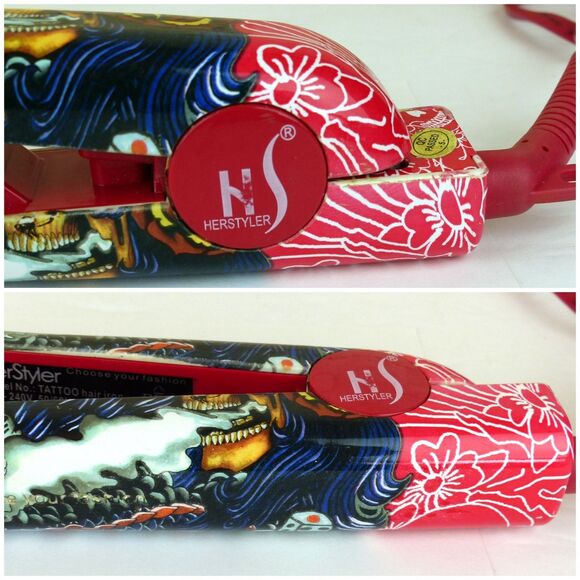 HerStyler Tattoo Flat Iron 1” Red Ceramic Hair Straightener Dual Voltage Y2K - Picture 7 of 14
